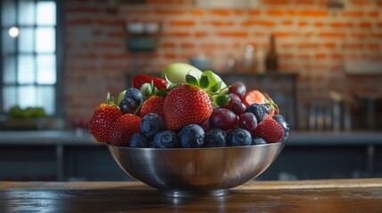 Aufkleber - Fresh fruit bowl artistically displayed on a wooden table in a rustic kitchen
