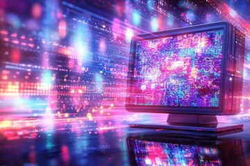 Poster - Abstract computer screen displaying colorful digital data streams and futuristic technology, creating a dynamic and visually stimulating representation of information flow, networking and innovation.