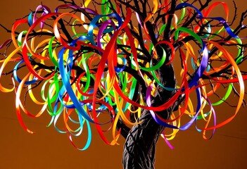 Aufkleber - Artistic Tree With Swirling Branches, A Colorful Imaginative Display, Evoking Fantasy And Movement. The Ribbons Of Light Dance. A Whimsical, Soft, Background Completes This Vibrant Scene.