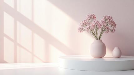 Poster - Pastel color illustration abstract background idea. Delicate flowers in a soft vase highlight a serene, beautifully lit interior space.