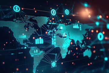 Poster - A dynamic digital world map with interconnected nodes and dollar symbols, representing global finance, trade, and economic growth with data analysis.