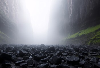 Aufkleber - Misty Valley Landscape, Towering Rock Formations, Soft Light. A Serene Scene, With Dark Stones And Greenery, The Atmosphere Is Mysterious. A Calming Landscape Image.