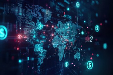 Poster - A futuristic world map showcasing global financial connections, emphasizing digital networking and international economic activities, representing modern global finance and technology.