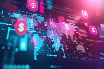 Poster - A vibrant digital display featuring a world map with glowing dollar symbols, overlaid with data streams representing global financial networks and market activity.