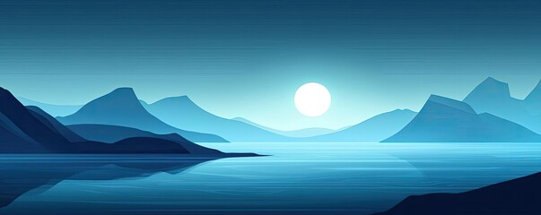 Poster - Waterscape abstract background idea. A serene and tranquil landscape featuring blue mountains and calm waters under a moonlit sky.