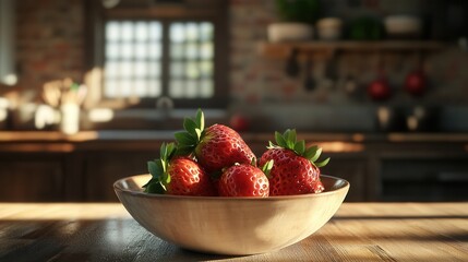 Aufkleber - Fresh fruit bowl featuring ripe strawberries in a rustic kitchen setting with brick walls and natural light