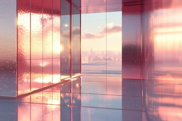 Poster - Abstract architecture featuring reflective surfaces and an open view of a distant city skyline, illuminated by soft, dreamy sunset hues and textures.