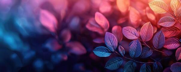 Poster - Vibrant color art abstract background concept. Vibrant leaves illuminated by colorful light, creating a serene, dreamy atmosphere.