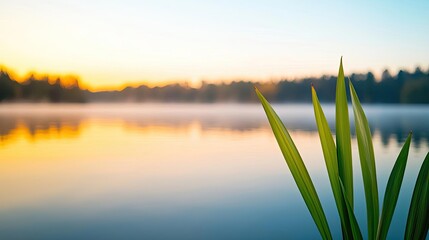 Poster - Waterscape abstract background idea. Tranquil lake scene at sunrise with vibrant green plants and calm water reflections.