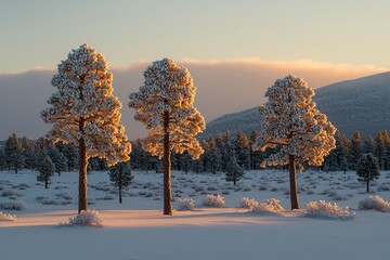 Poster - Three snow-covered trees stand in a winter landscape, illuminated by the warm glow of the rising or setting sun against a distant snowy mountain.