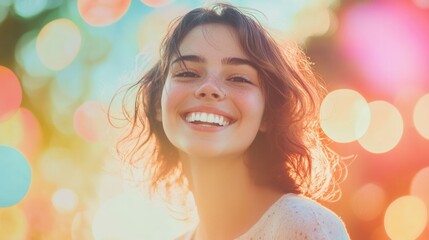 Poster - Joyful person smiles brightly after dental implants against a pastel background with soft bokeh lights