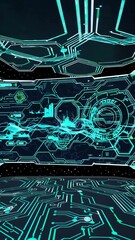 Poster - Futuristic digital interface with dynamic circuitry and data visualizations