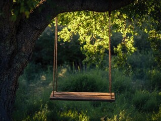 Wall Mural - nostalgic serenity, an inviting old wooden swing in a verdant setting