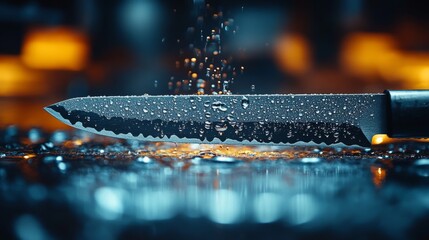 Fototapete - A sharp industrial knife lies on a work surface, adorned with water droplets.