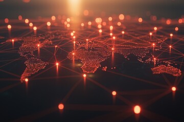 Poster - A digital world map illuminated with interconnected glowing nodes and lines, symbolizing global connections, data transmission, and network communication across continents in a futuristic style.