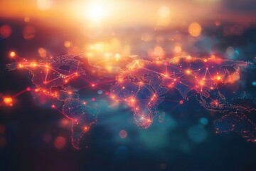 Poster - A vibrant world map glows with interconnected nodes and lines, symbolizing global communication, network connections, and data exchange across continents, illuminated by warm light.