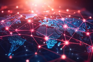 Poster - A dynamic representation of a digital world map with glowing blue continents connected by vibrant red network lines, symbolizing global communication and interconnectedness, with bright nodes.