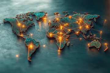 Poster - A digital representation of world map continents, glowing lights connect major locations, symbolizing global networks, connection, and communication, technology and business.