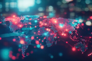 Poster - futuristic global network connection illustrated with glowing dots, showcasing worldwide communicati