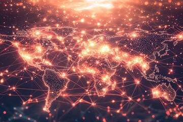 Poster - interconnected world network illustrated with shimmering golden dots and connections, symbolizing gl