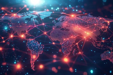 Poster - A futuristic world map with glowing blue and red nodes, symbolizing digital networks and global data connections across continents, for worldwide connectivity.