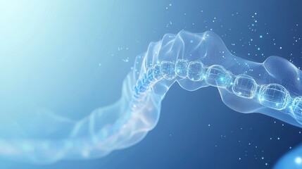 Poster - Modern dental braces design with gradient blue background and glowing wireframe effect showcasing dental arch structure
