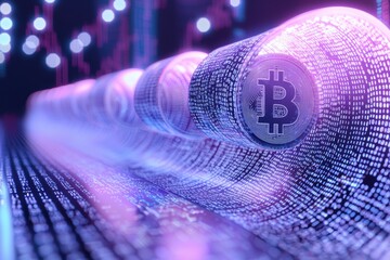 Poster - Bitcoin and digital data stream abstract background with a vibrant purple and blue light design for financial technology and cryptocurrency innovations in the future.
