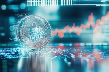 Poster - A visually striking representation of Bitcoin, showcasing its digital presence, alongside a financial chart, all rendered in a futuristic, digital aesthetic.
