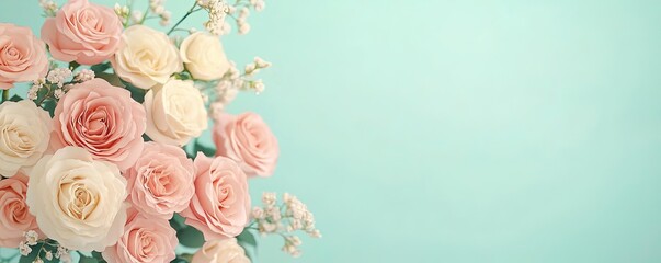 Poster - Pastel color illustration abstract background idea. A beautiful arrangement of pink and white roses against a light blue background.