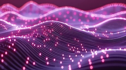 Poster - Vibrant Digital Landscape of Undulating Waves with Glowing Pink Particles Creates Futuristic and Dynamic Atmosphere, Abstract Design Suggests Movement and Energy, Evoking Sense of Innovation