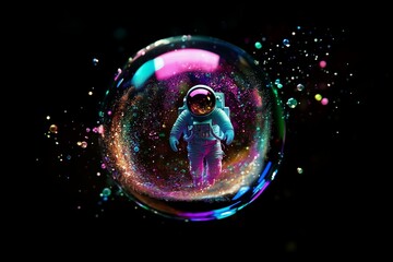 Wall Mural - astronaut in floating colorful cosmic bubble with rainbow particles on black background.