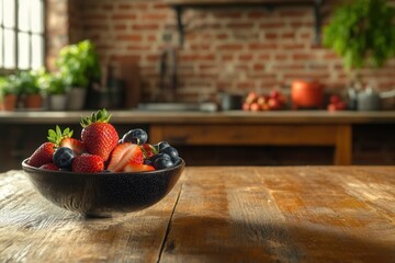 Aufkleber - Fresh fruit bowl showcasing ripe strawberries in a rustic kitchen with brick walls on a wooden table