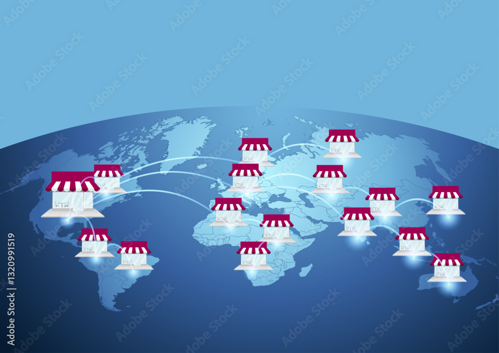 Global restaurant chain expansion with connected storefronts on a world ...