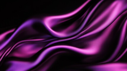Poster - dynamic waves of silky, metallic fabric in vibrant purple and magenta hues, flowing against a deep black background with soft reflections and smooth curves, cinematic lighting, concept of visual art