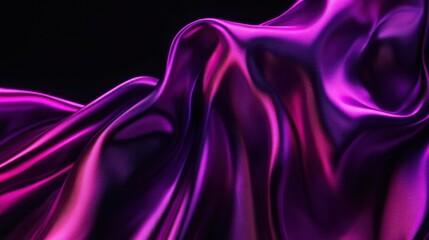 Poster - dynamic waves of silky, metallic fabric in vibrant purple and magenta hues, flowing against a deep black background with soft reflections and smooth curves, cinematic lighting, concept of visual art
