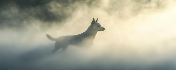  A white dog is standing in a mysterious fog
