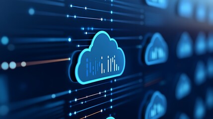 Poster - abstract digital cloud technology background with data streams and network connections in blue and b