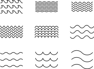 Ocean, sea waves flat simple lines set