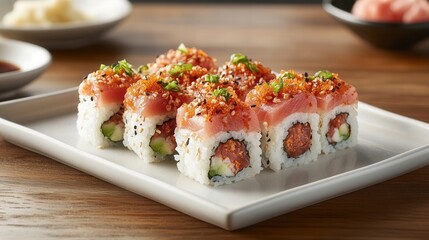 Poster - Deliciously arranged sushi plate featuring spicy tuna and assorted rolls on a wooden table