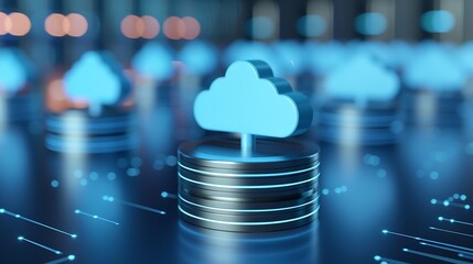 Poster - Blue Cloud Icon on Dark Background with Floating Data Circles Illustrating Modern Digital Technology Concept
