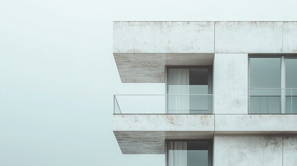 Aufkleber - A sleek, contemporary building features a striking balcony and expansive windows. Soft gray tones blend harmoniously with the overcast sky, enhancing the minimalist aesthetic