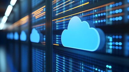 Poster - digital cloud computing concept with server storage and data visualization for modern technology bac