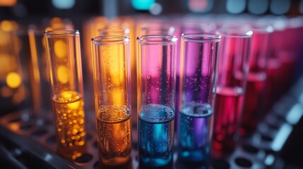 Poster - Brightly colored test tubes filled with various liquids are arranged in a laboratory. The setup highlights chemical synthesis and processing within an advanced engineering environment.
