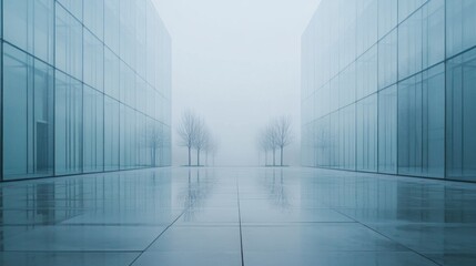 Fototapete - On a foggy morning, empty pathways frame tranquil trees between sleek glass buildings. The wet surface mirrors the serene ambiance, inviting a contemplative stroll