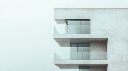 Aufkleber - The sleek lines of a contemporary building rise gracefully, featuring expansive glass balconies and a smooth concrete facade. The muted tones reflect an urban elegance