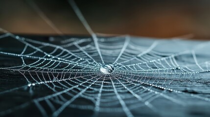 A close-up of a spider web adorned with tiny droplets of water, creating a beautiful and intricate display of nature’s artistry in a soft, blurred background.