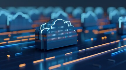 Poster - Futuristic Digital Cloud Technology Illustration with Neon Lines and Abstract Background for Modern Digital Solutions
