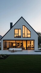 Poster - A stunning modern house showcases sleek lines and large windows, glowing with warmth as evening settles in. The inviting atmosphere highlights a spacious outdoor area, perfect for relaxation