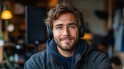 Aufkleber - Focused man wearing headphones engaged in remote podcast interview with professional microphone and setup around him