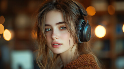 Aufkleber - Young woman with headphones engaged in asmr podcast session in relaxed setting with focus on audio experience and comfort